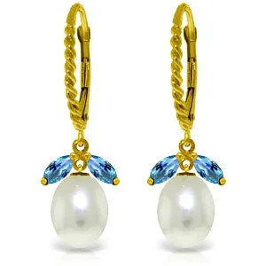 9 Carat 14K Solid Yellow Gold Leverback Earrings Blue Topaz Pearl