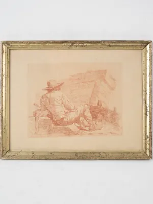 Antique drawing of a man resting before headstone 9¾" x 13"