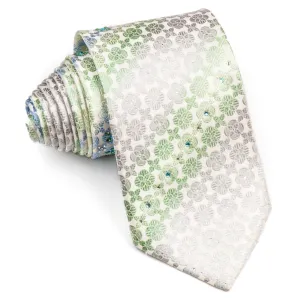 Aquascutum Silk Necktie Quatrefoil Light Green On White With Rhinestones