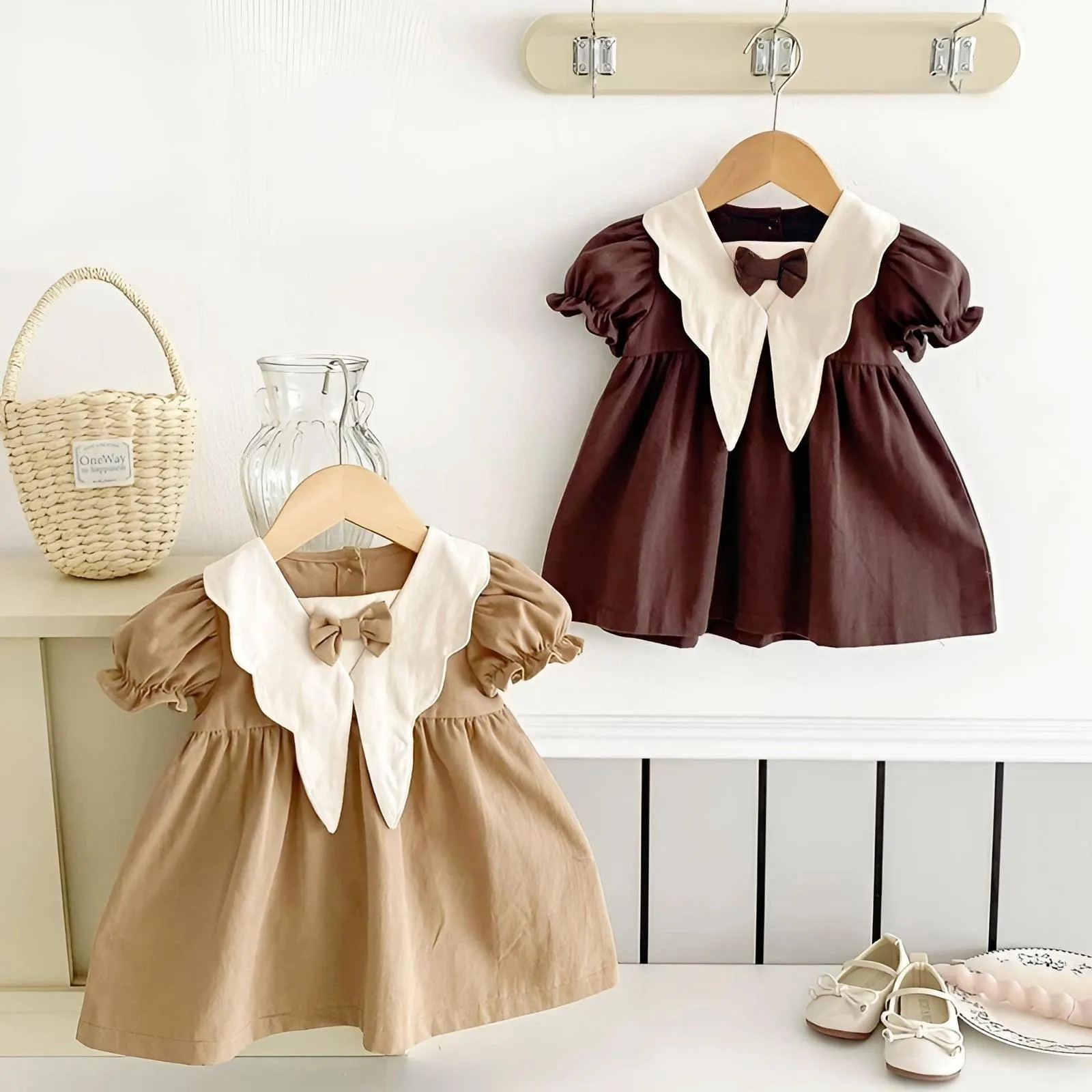 Autumn Baby Girls Dress Casual Bow Clothes Spring Cotton Girls Princess Dress Big Turn Down Collar Dress Girls Clothes