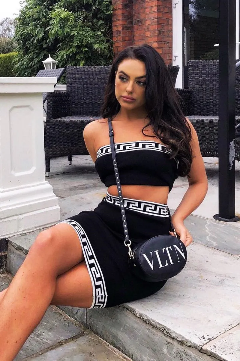 Black Knitted Greek Trim Bandeau Skirt Co-Ord - Caeli