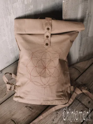 Flower Of Life Huge Roll Top Laptop Backpack / Atua Tino / Beige