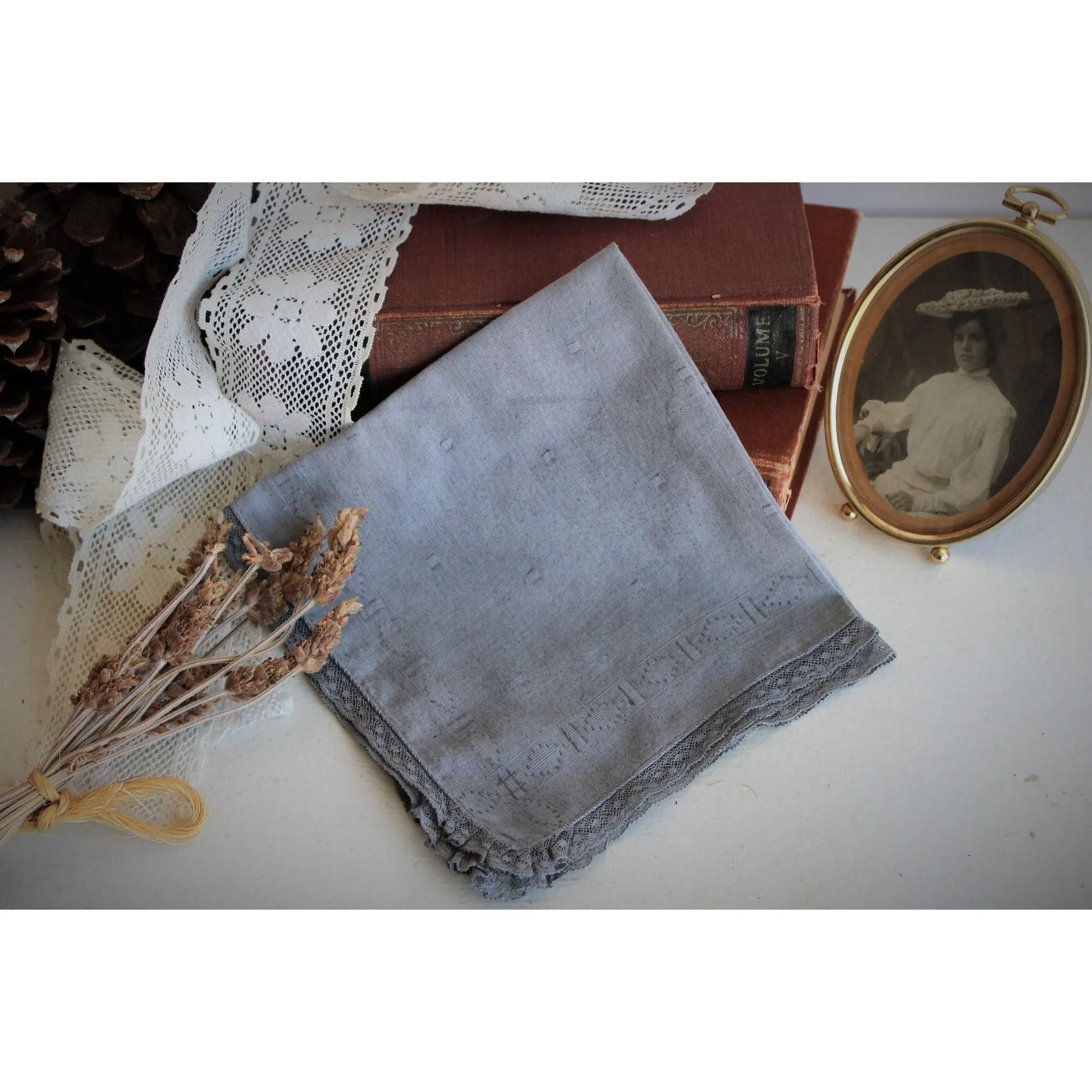 Hand Plant Dyed Blue Gray Handkerchief with Lace Trim