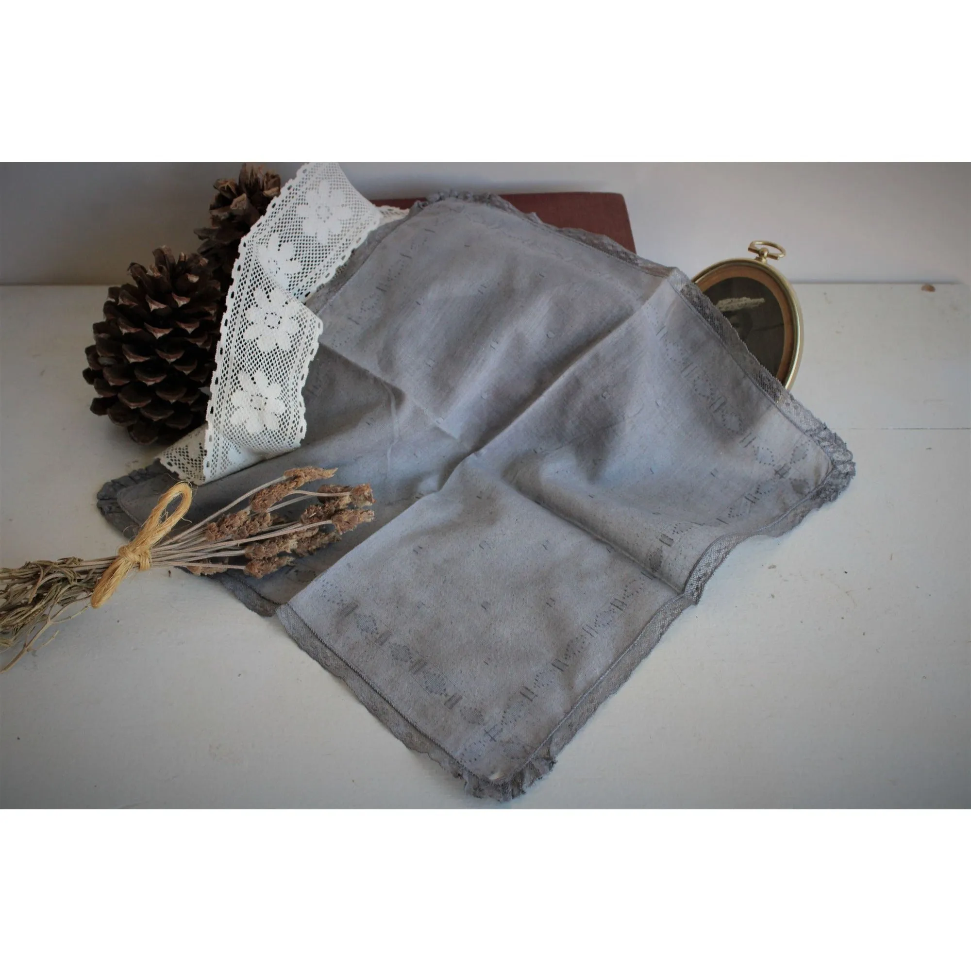 Hand Plant Dyed Blue Gray Handkerchief with Lace Trim