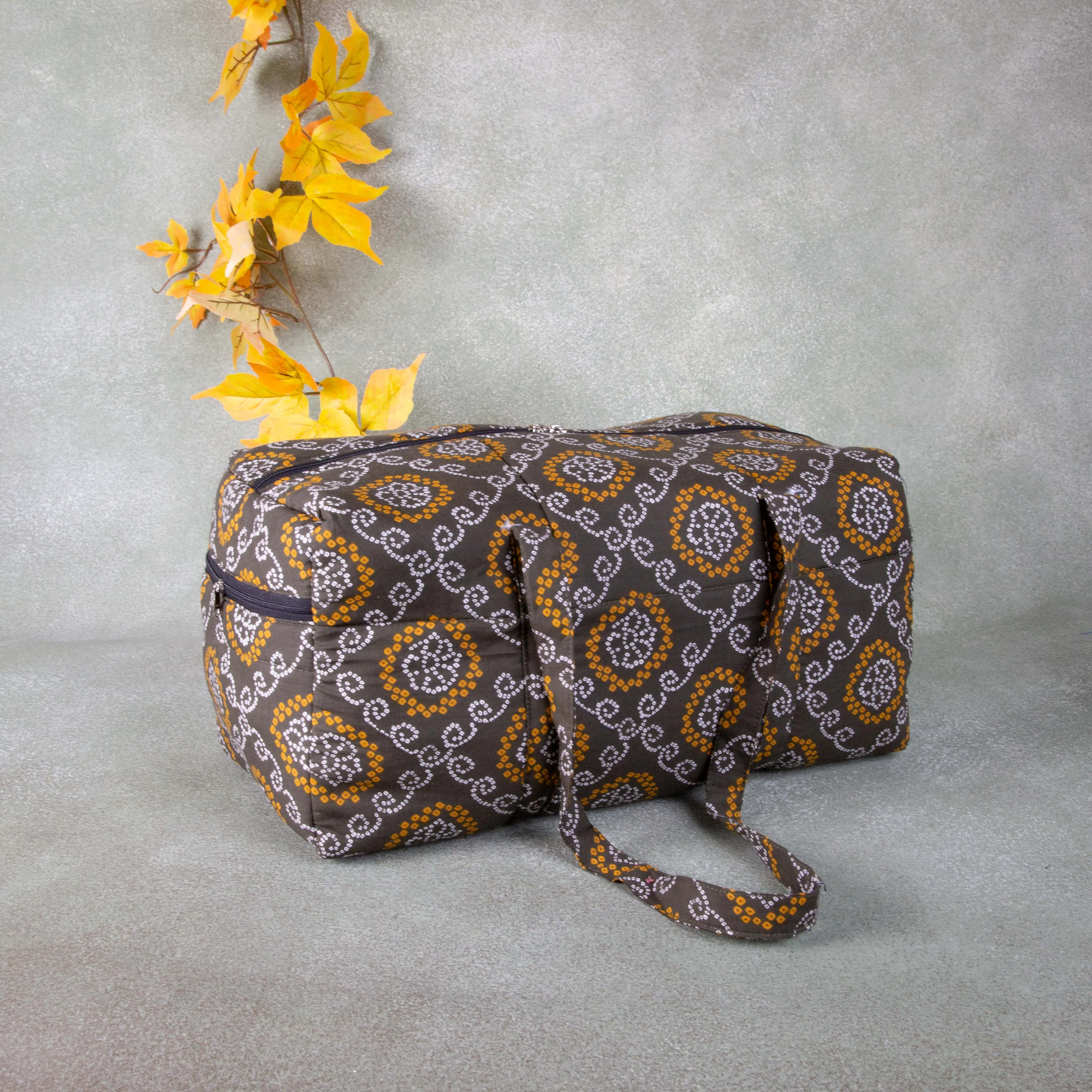 Rectangle Travel Bag Dark Green Colour With Bandhani Design.