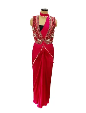 Red Saree With Phulkari Corset