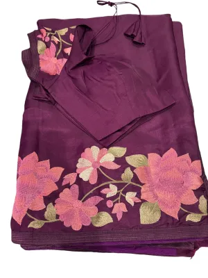 REGAL PURPLE DOLA SILK TUSAR SAREE WITH INTRICATE FLORAL EMBROIDERY