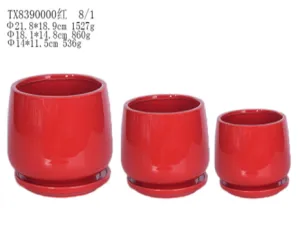 Set of 3 Red Round Ceramic Planters with Bottom Tray - Modern Design, Suitable for Table Top Plants