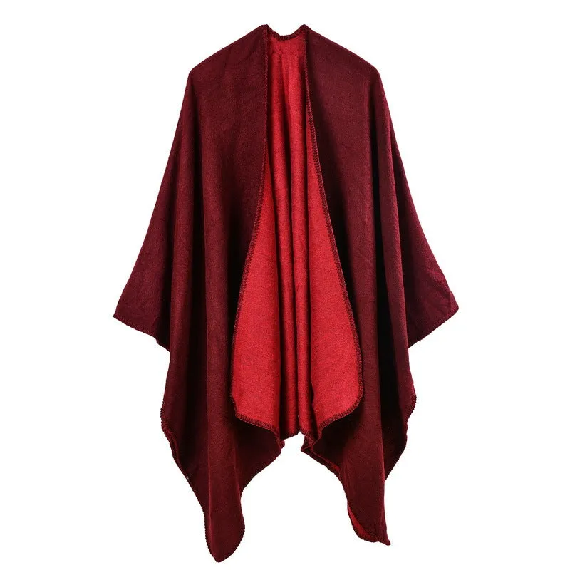 Solid Color Imitation Cashmere Large Slit Warm Monochrome Cape Plain Cape, Gift for Women