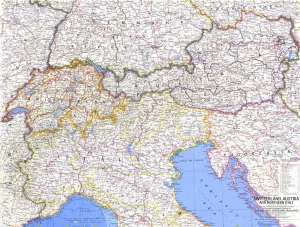 Switzerland, Austria, and Northern Italy Wall Map - Published 1965 by National Geographic