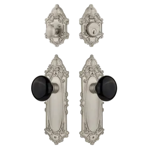 Victorian Entry Set with Black Porcelain Knob in Satin Nickel